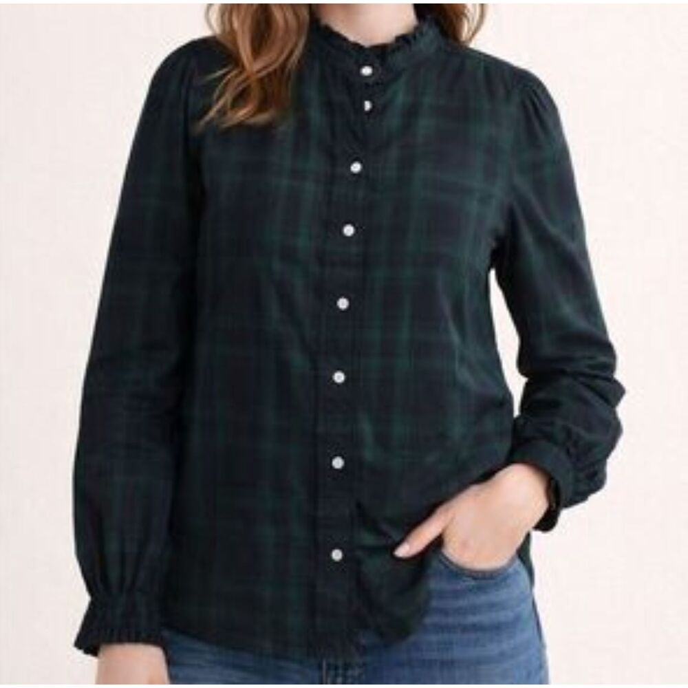 UNTUCKit Tartan Plaid Ruffle Neck Button Up Shirt 14 Green Navy Black Preppy